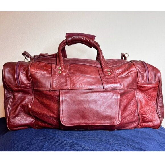 VTG Patchwork Leather Burgundy Duffel Bag Weekender Dual Zip NO SHOULDER STRAP - Picture 1 of 16